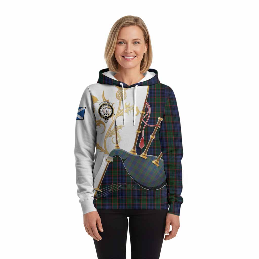 Fletcher Tartan Family Crest Hoodie Bagpipes with Scottish Thistle