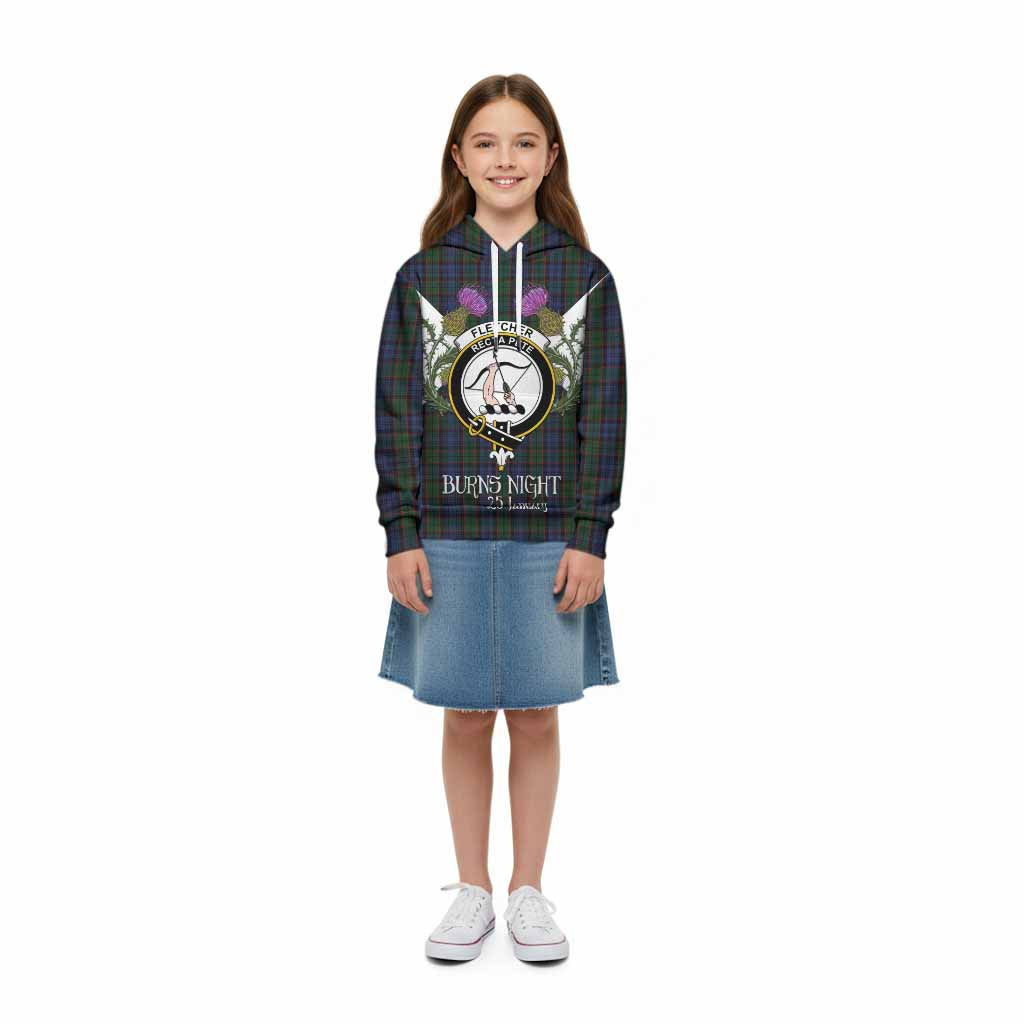 Fletcher Tartan Family Crest Kid Hoodie Scottish Burns Night Thistle Floral