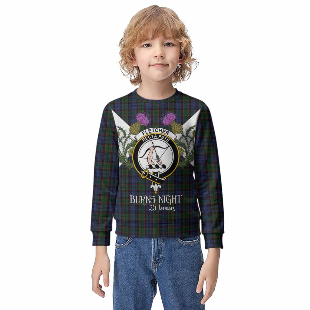 Fletcher Tartan Family Crest Kid Knitted Sweatshirt Scottish Burns Night Thistle Floral