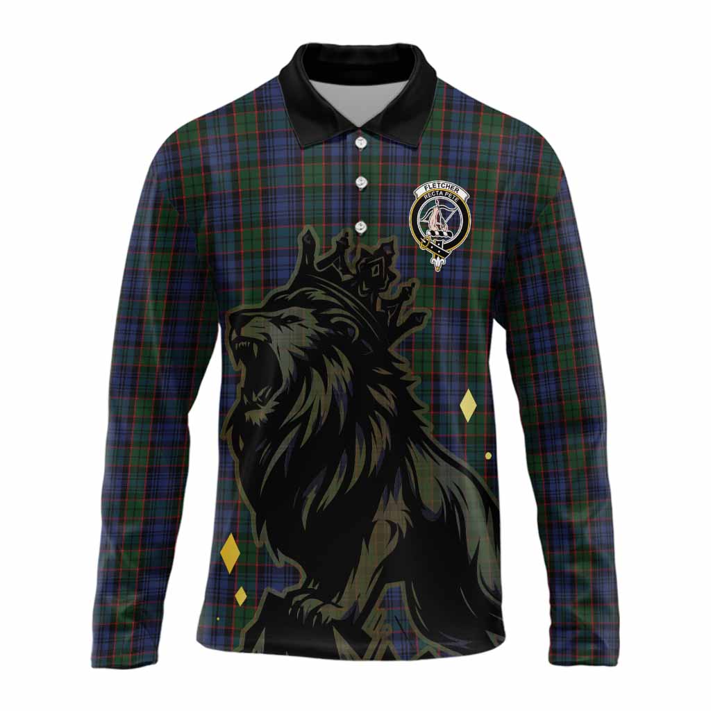 Fletcher Tartan Family Crest Long Sleeve Polo Shirt Crowned Lion Roaring