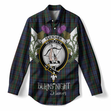 Fletcher Tartan Family Crest Women Casual Shirt Scottish Burns Night Thistle Floral