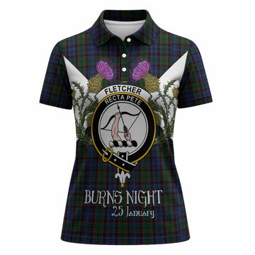 Fletcher Tartan Family Crest Women Polo Shirt Scottish Burns Night Thistle Floral