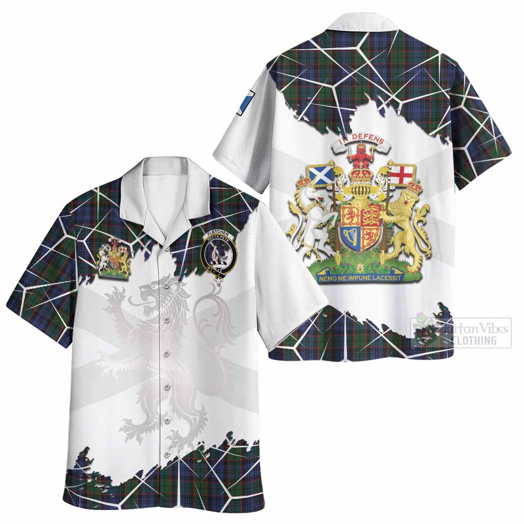 Fletcher Tartan Hawaiian Shirt with Family Crest and Lion Rampant Grunge Style