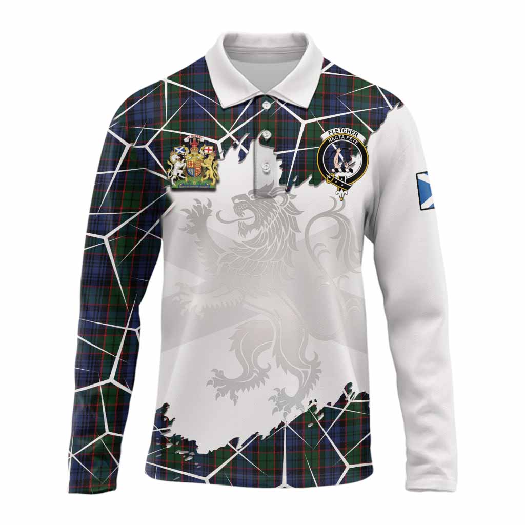 Fletcher Tartan Long Sleeve Polo Shirt with Family Crest and Lion Rampant Grunge Style