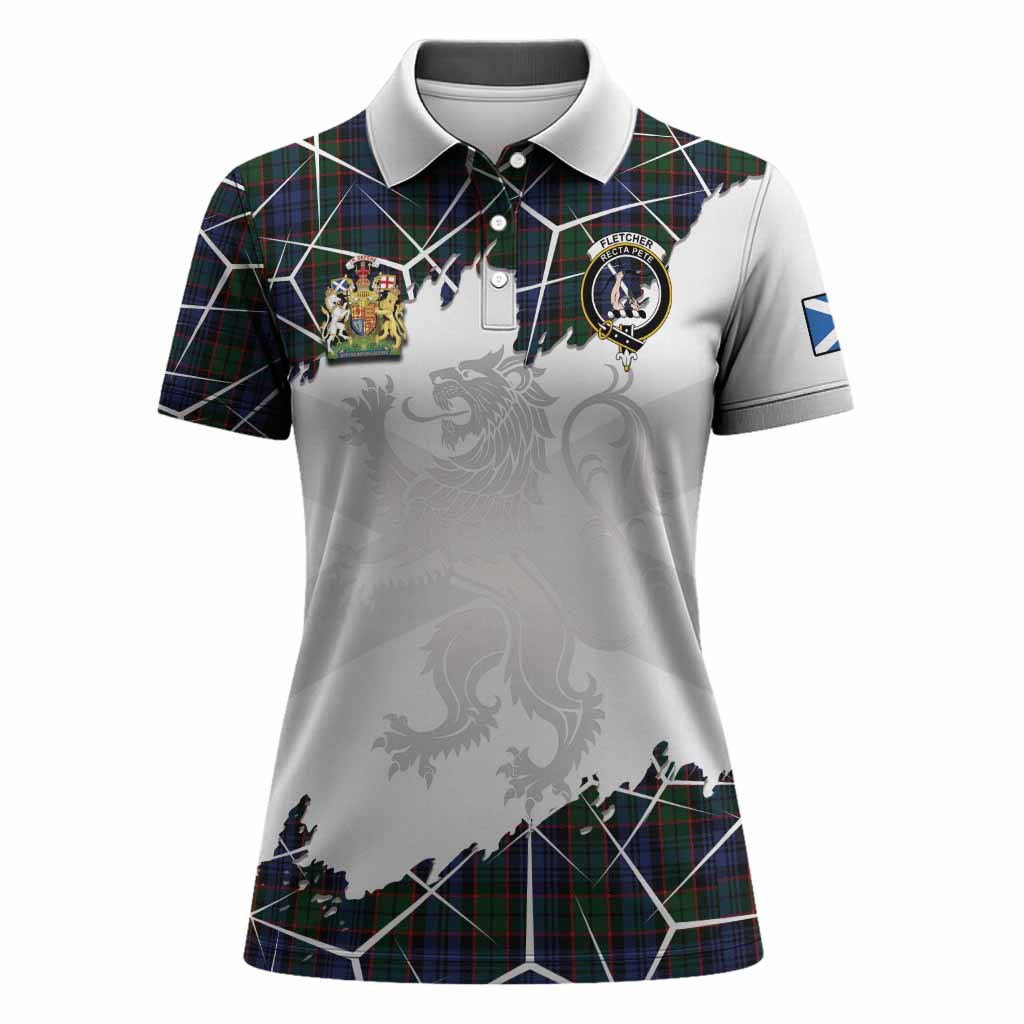 Fletcher Tartan Women Polo Shirt with Family Crest and Lion Rampant Grunge Style