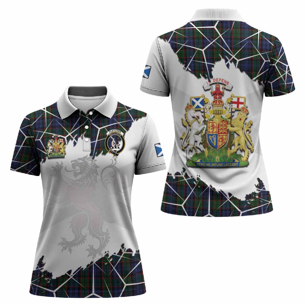 Fletcher Tartan Women Polo Shirt with Family Crest and Lion Rampant Grunge Style