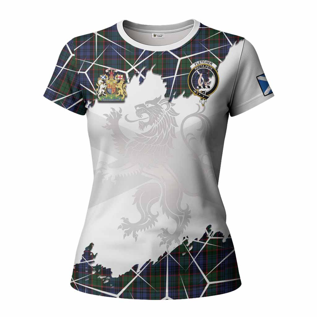 Fletcher Tartan Women T shirt with Family Crest and Lion Rampant Grunge Style