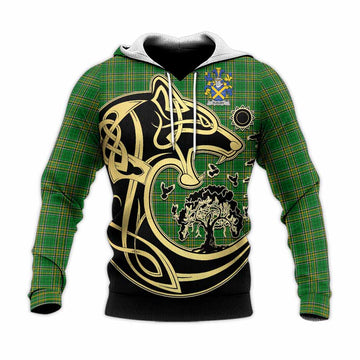 Tartan Vibes Clothing Fleury Irish Tartan Knitted Hoodie with Coat of Arms Celtic Wolf Style