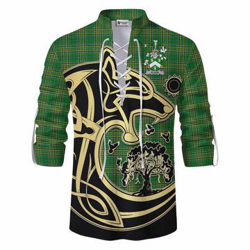 Tartan Vibes Clothing Flood Irish Tartan Ghillie Kilt Shirt with Coat of Arms Celtic Wolf Style