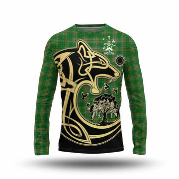 Tartan Vibes Clothing Flood Irish Tartan Long Sleeve T-Shirt with Coat of Arms Celtic Wolf Style