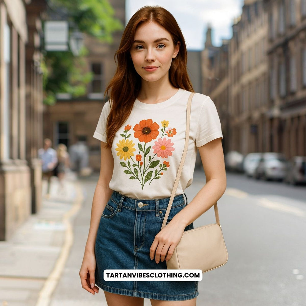 Floral graphic T-shirt with a denim skirt, flats, and a light crossbody bag