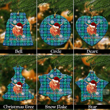Flower Of Scotland Tartan Christmas Ceramic Ornaments with Twinkle Highland Cattle