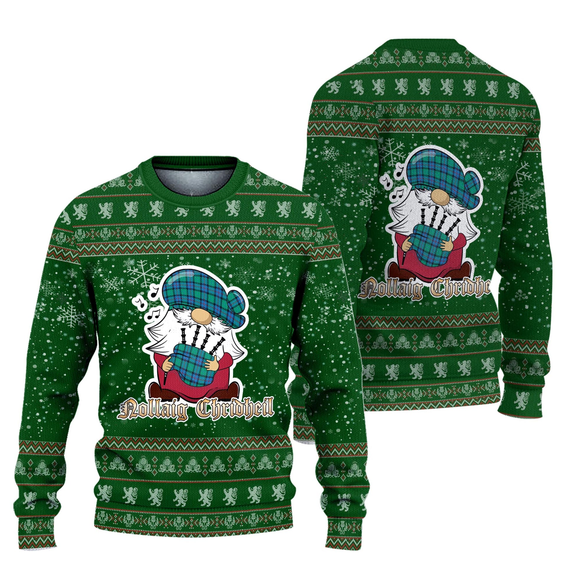 Flower Of Scotland Clan Christmas Family Knitted Sweater with Funny Gnome Playing Bagpipes Unisex Green - Tartanvibesclothing