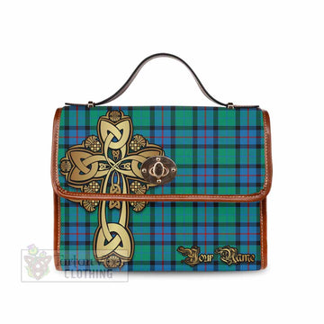 Tartan Vibes Clothing Flower Of Scotland Tartan Waterproof Canvas Bag Golden Thistle Celtic Cross Style