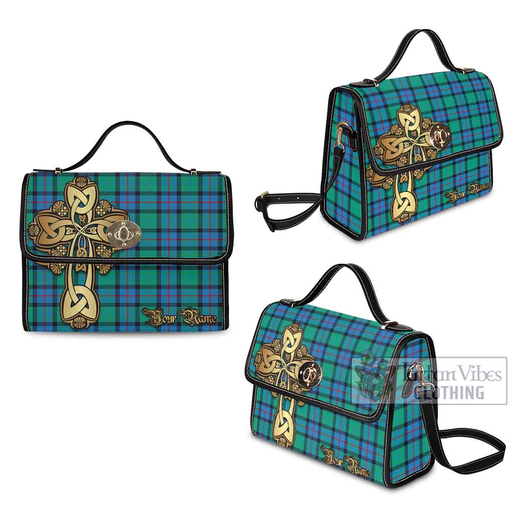 Tartan Vibes Clothing Flower Of Scotland Tartan Waterproof Canvas Bag Golden Thistle Celtic Cross Style