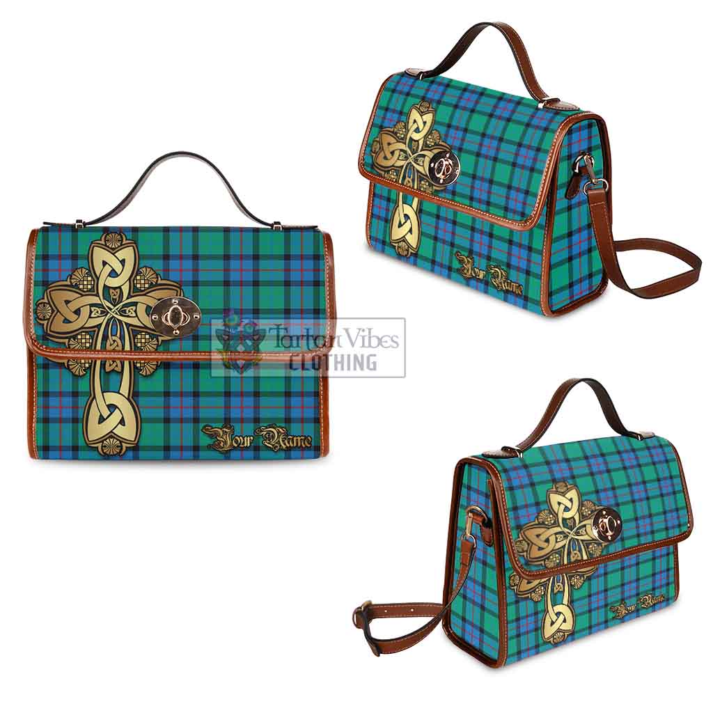 Tartan Vibes Clothing Flower Of Scotland Tartan Waterproof Canvas Bag Golden Thistle Celtic Cross Style