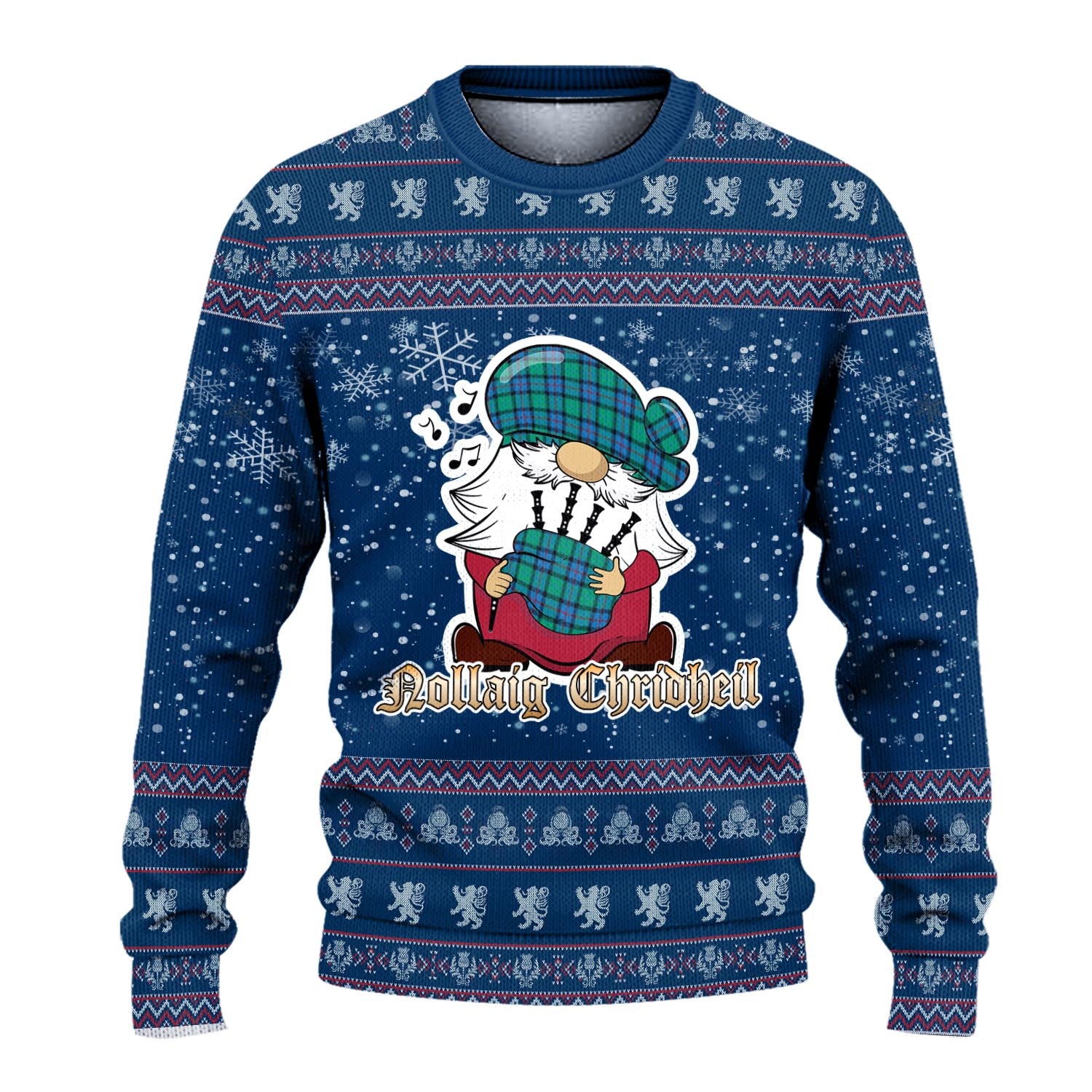 Flower Of Scotland Clan Christmas Family Knitted Sweater with Funny Gnome Playing Bagpipes - Tartanvibesclothing