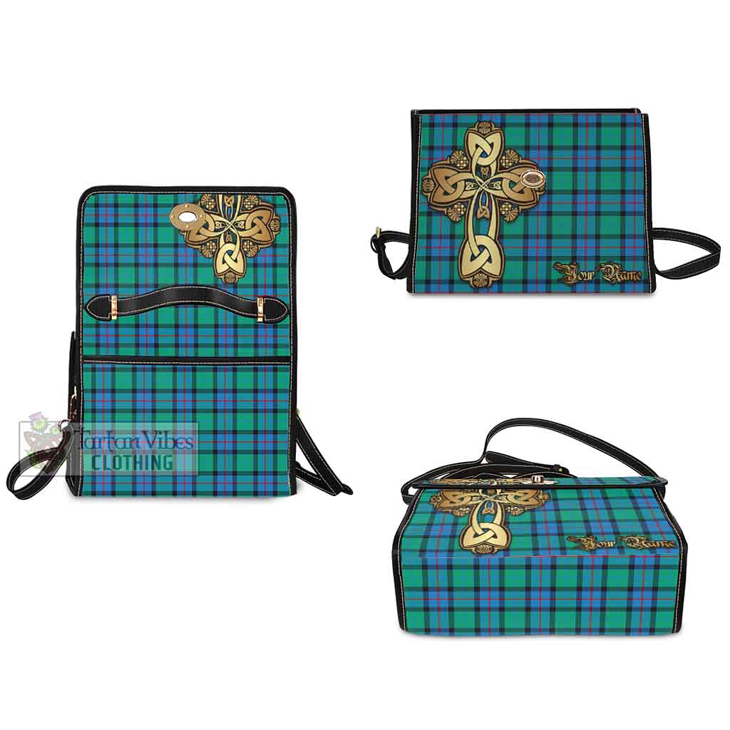 Tartan Vibes Clothing Flower Of Scotland Tartan Waterproof Canvas Bag Golden Thistle Celtic Cross Style