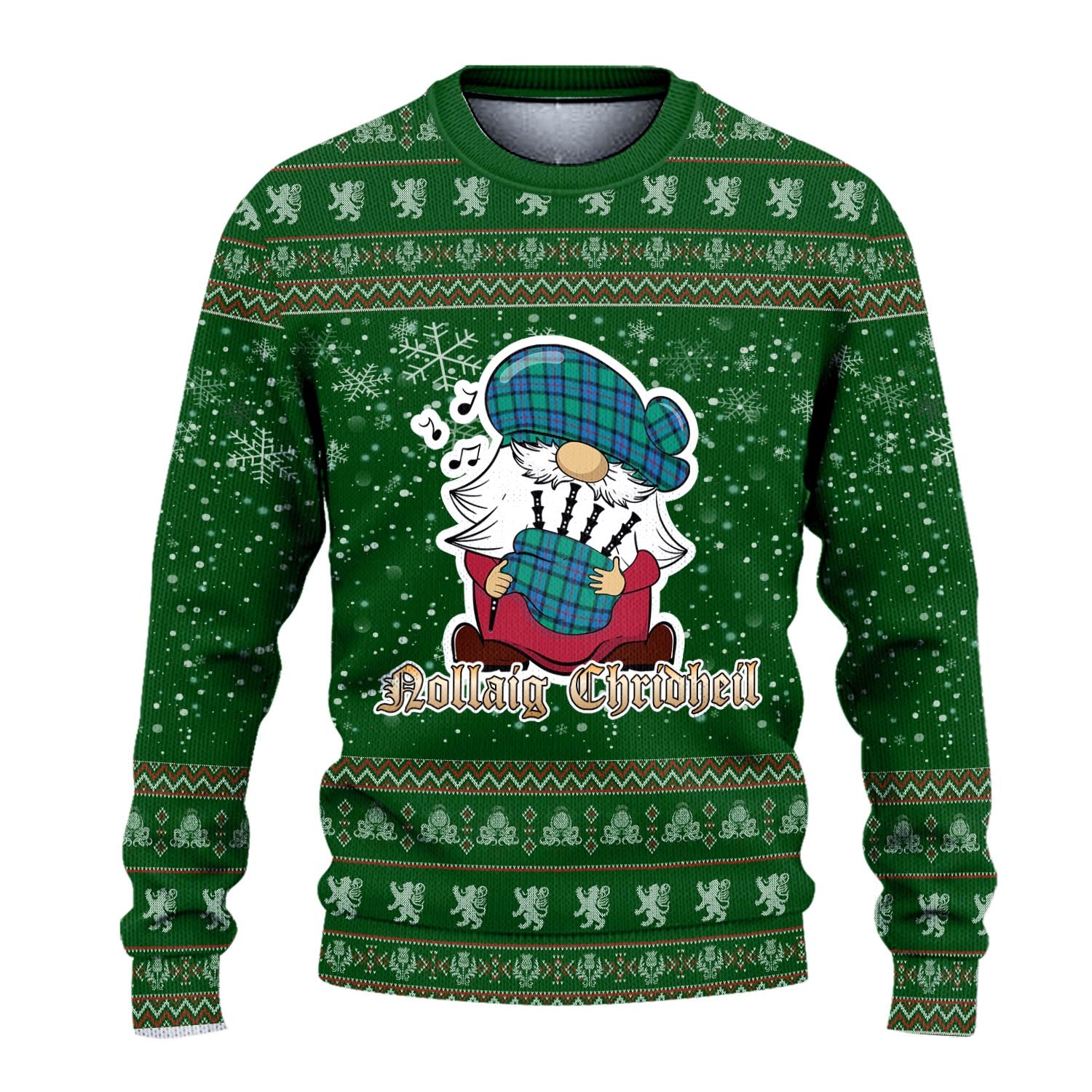 Flower Of Scotland Clan Christmas Family Knitted Sweater with Funny Gnome Playing Bagpipes - Tartanvibesclothing