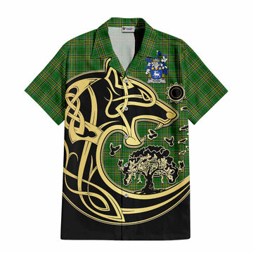 Flynn Irish Tartan Hawaiian Shirt with Coat of Arms Celtic Wolf Style