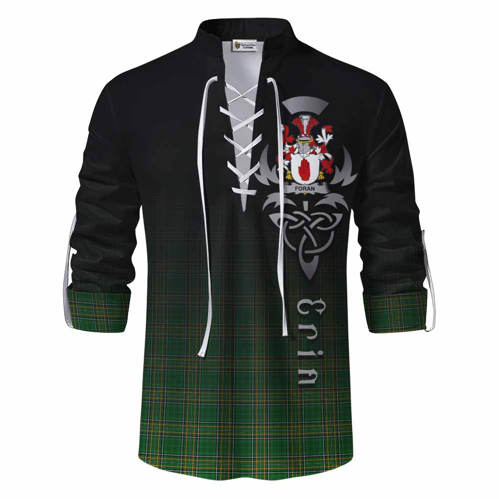 Tartan Vibes Clothing Foran Irish Clan Ghillie Kilt Shirt with Coat of Arms Erin Go Bragh Celtic Inspired