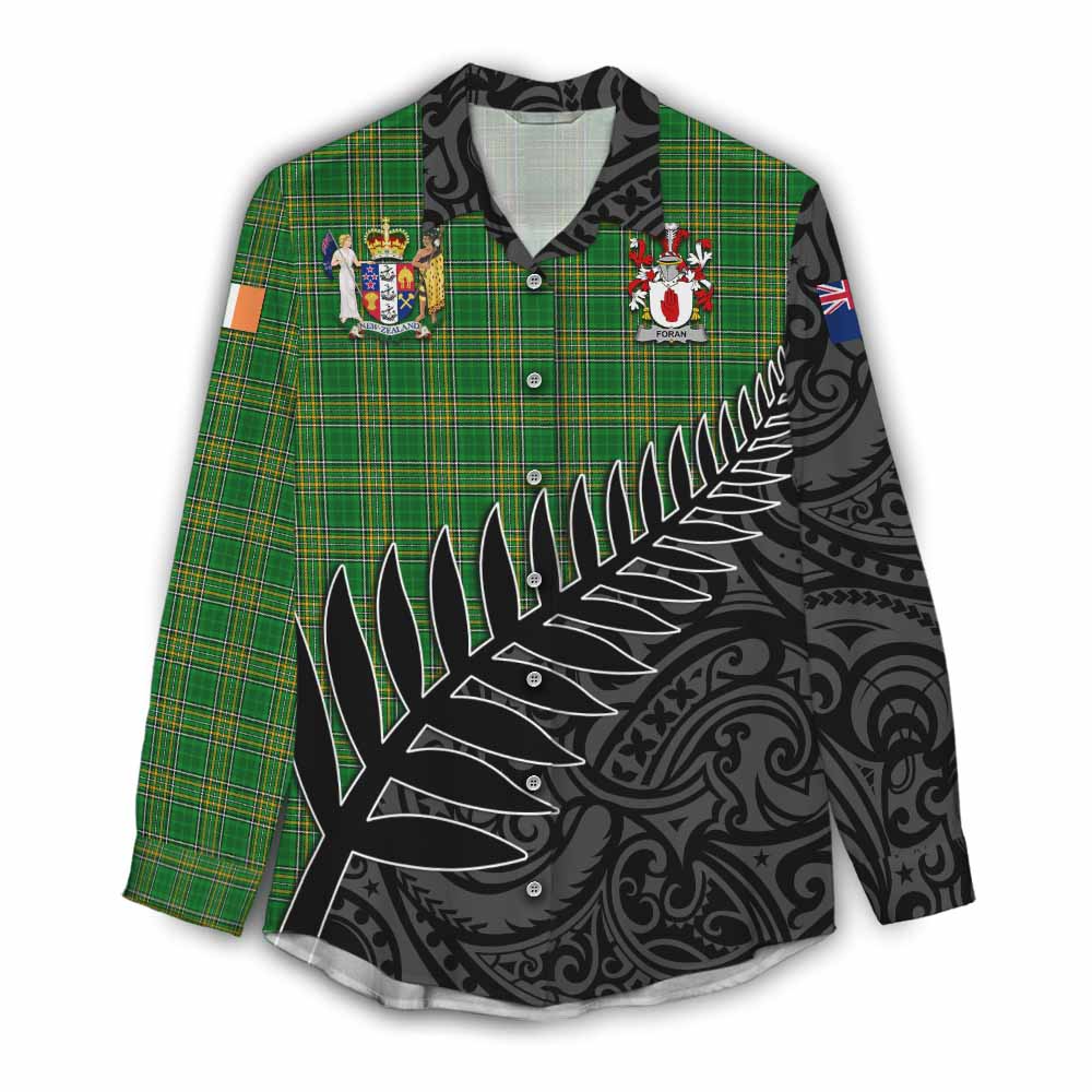 Tartan Vibes Clothing Foran Irish Clan Tartan Women's Casual Shirt with Coat of Arms New Zealand Silver Fern Half Style