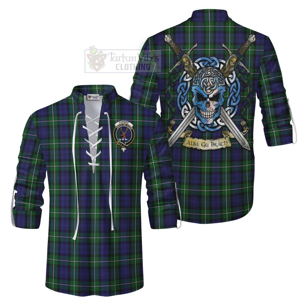 Tartan Vibes Clothing Forbes Tartan Ghillie Kilt Shirt with Family Crest Celtic Skull Style
