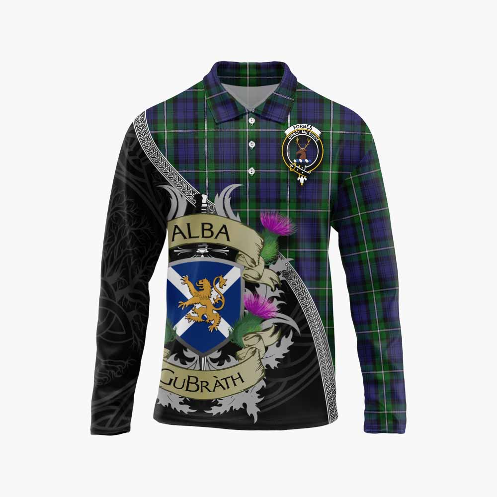 Tartan Vibes Clothing Forbes Tartan Family Crest Long Sleeve Polo Shirt Lion Rampant Royal Thistle Shield Celtic Inspired