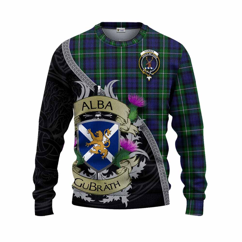 Tartan Vibes Clothing Forbes Tartan Family Crest Knitted Sweater Lion Rampant Royal Thistle Shield Celtic Inspired