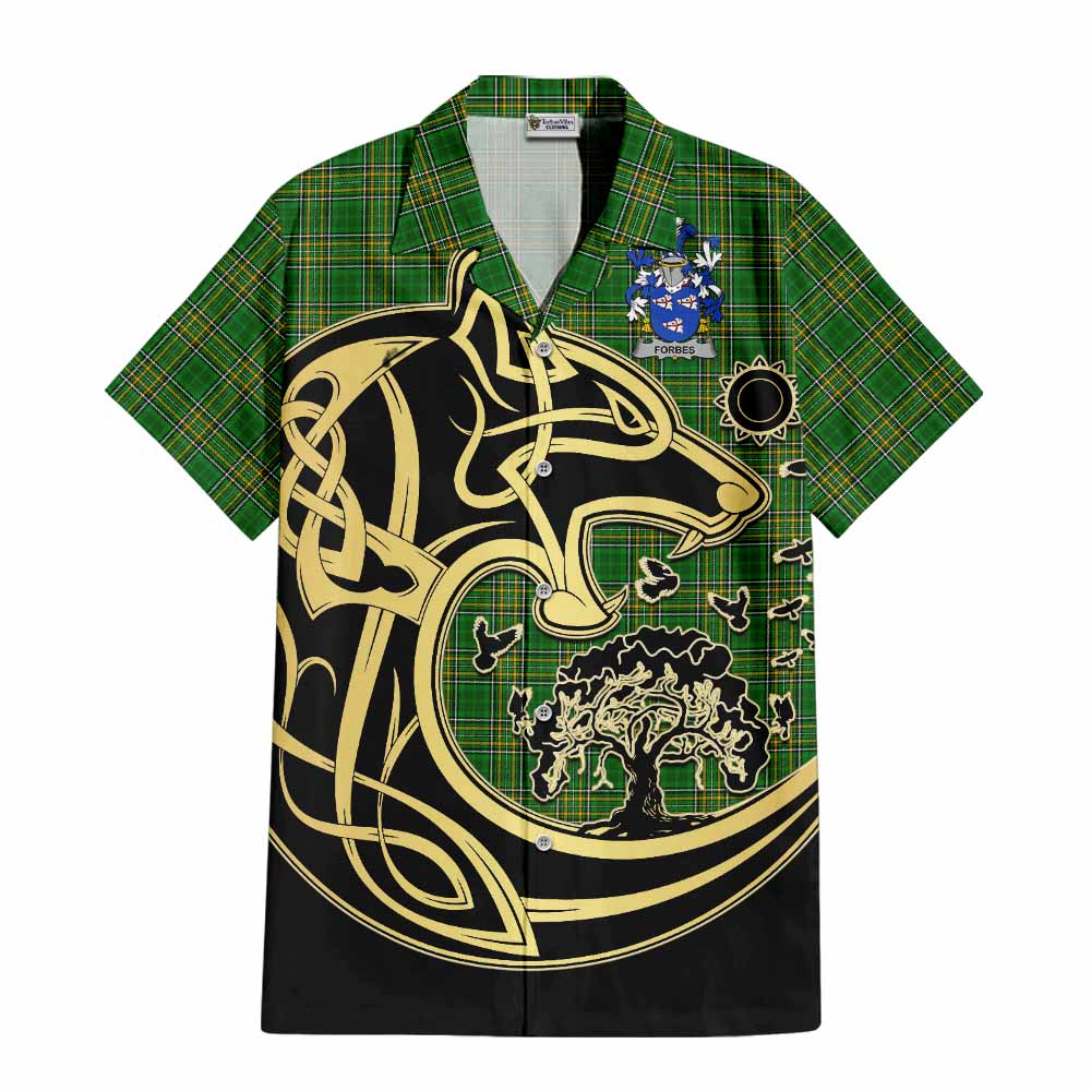Tartan Vibes Clothing Forbes Irish Tartan Short Sleeve Button Shirt with Coat of Arms Celtic Wolf Style