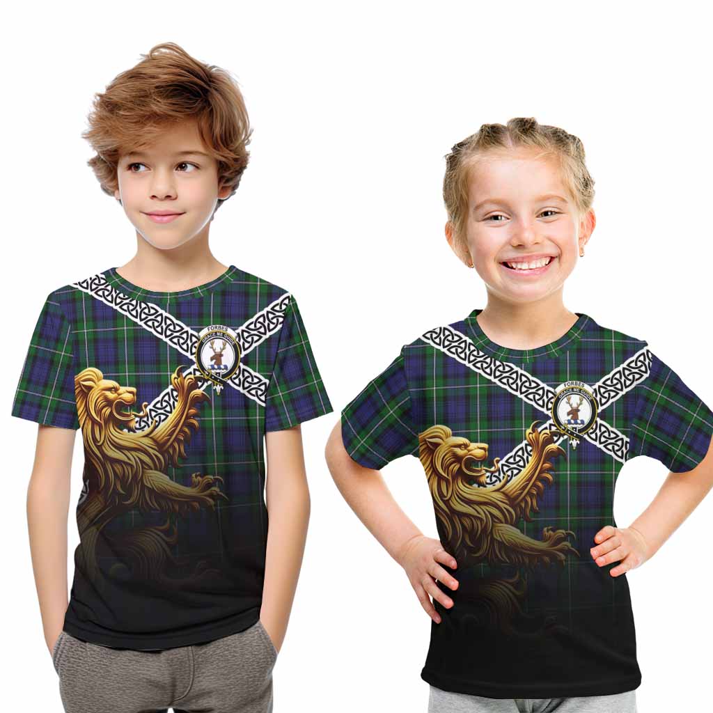 Tartan Vibes Clothing Forbes Crest Tartan Kid T-Shirt with Golden Lion Emblem Celtic Style