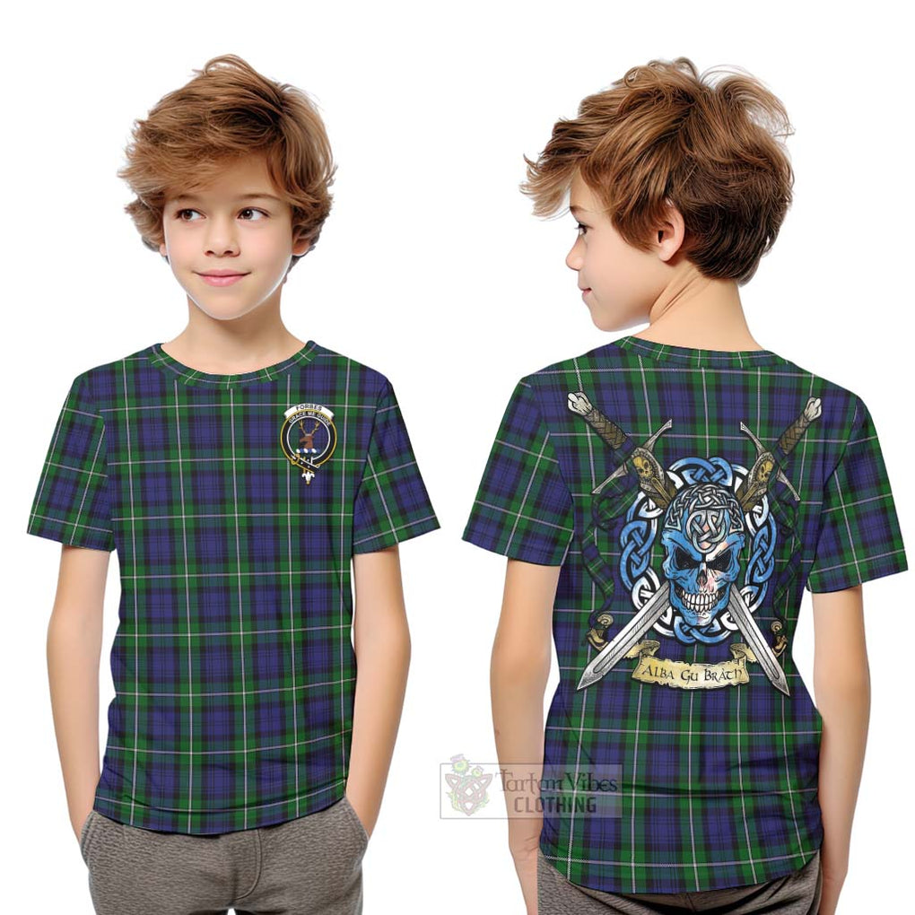 Tartan Vibes Clothing Forbes Tartan Kid T-Shirt with Family Crest Celtic Skull Style