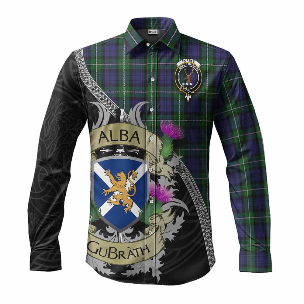Tartan Vibes Clothing Forbes Tartan Family Crest Long Sleeve Button Shirt Lion Rampant Royal Thistle Shield Celtic Inspired