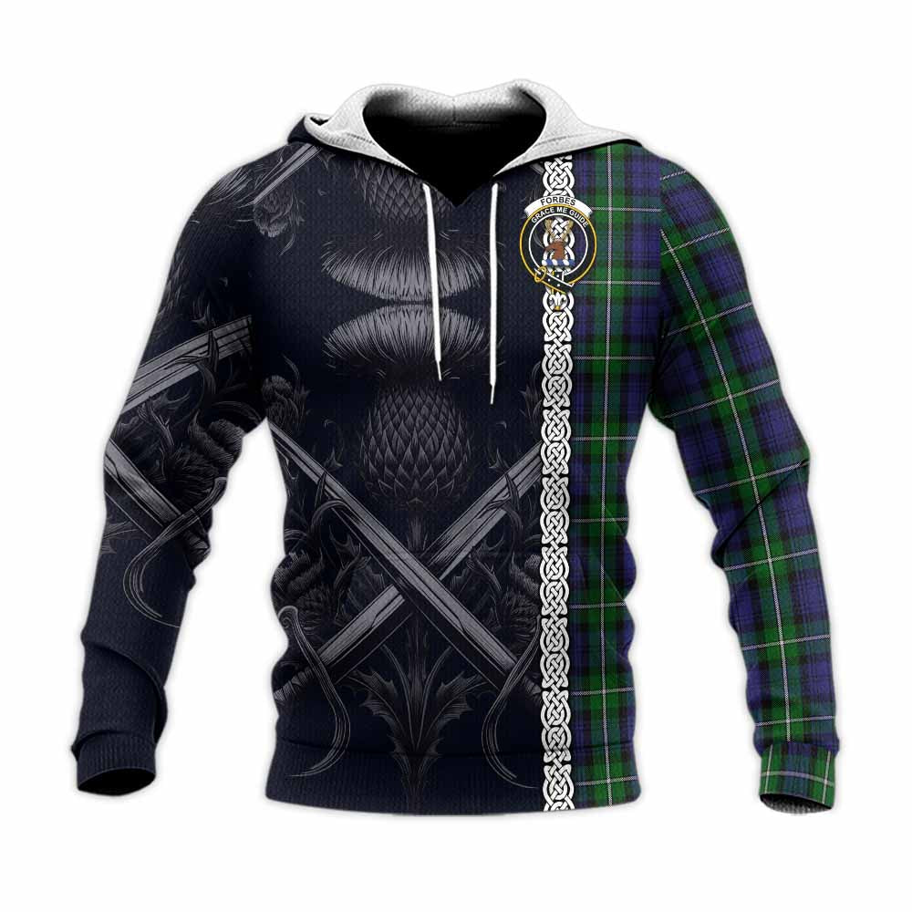 Tartan Vibes Clothing Forbes Tartan Knitted Hoodie with Family Crest Cross Sword Thistle Celtic Vibes