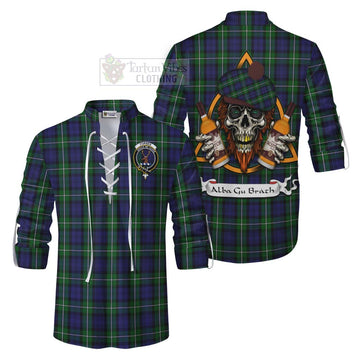 Tartan Vibes Clothing Forbes Tartan Ghillie Kilt Shirt with Family Crest and Bearded Skull Holding Bottles of Whiskey