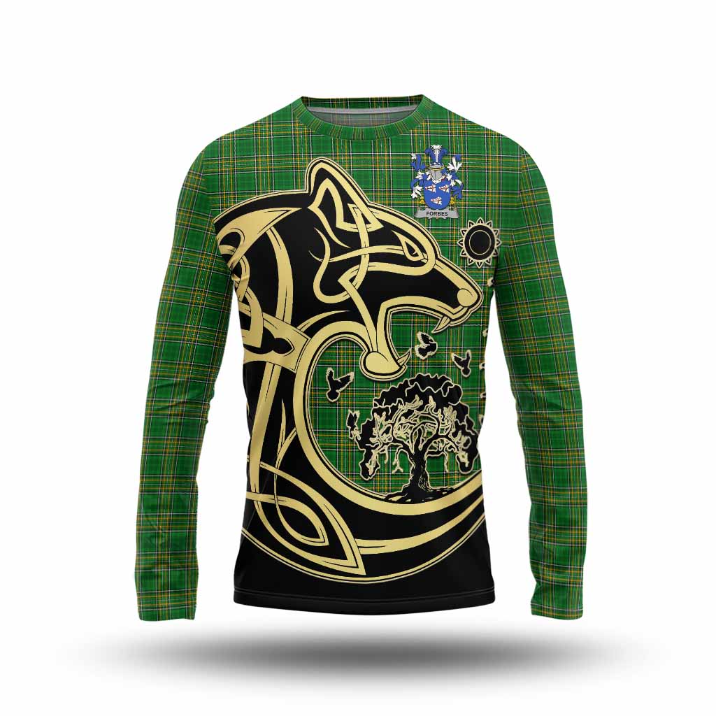 Tartan Vibes Clothing Forbes Irish Tartan Long Sleeve T-Shirt with Coat of Arms Celtic Wolf Style
