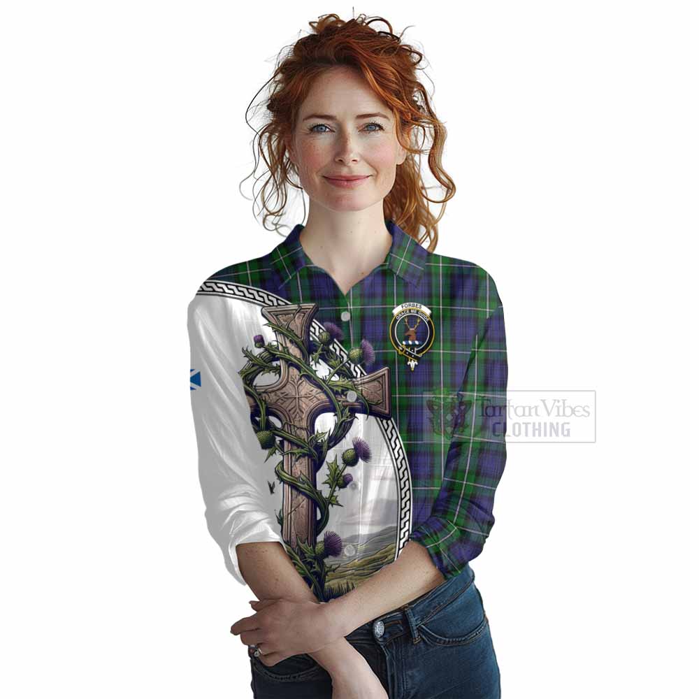 Tartan Vibes Clothing Forbes Tartan Women's Casual Shirt with Family Crest and St. Andrew's Cross Accented by Thistle Vines