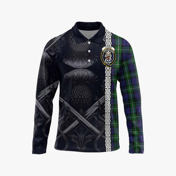 Tartan Vibes Clothing Forbes Tartan Long Sleeve Polo Shirt with Family Crest Cross Sword Thistle Celtic Vibes