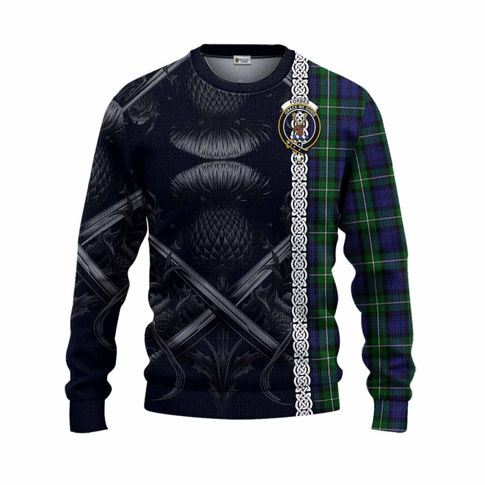Tartan Vibes Clothing Forbes Tartan Knitted Sweater with Family Crest Cross Sword Thistle Celtic Vibes
