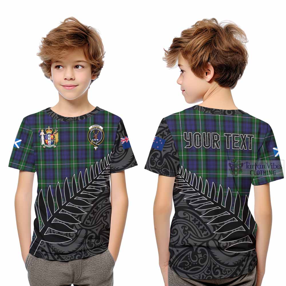 Tartan Vibes Clothing Forbes Crest Tartan Kid T-Shirt with New Zealand Silver Fern Half Style