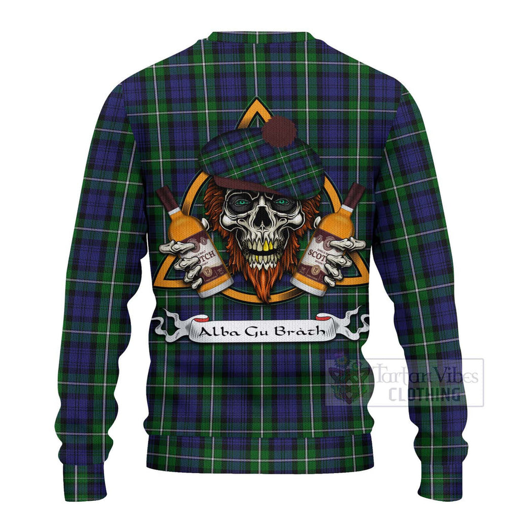 Tartan Vibes Clothing Forbes Tartan Knitted Sweater with Family Crest and Bearded Skull Holding Bottles of Whiskey