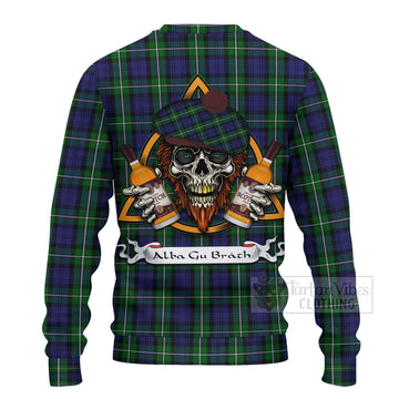Tartan Vibes Clothing Forbes Tartan Knitted Sweater with Family Crest and Bearded Skull Holding Bottles of Whiskey