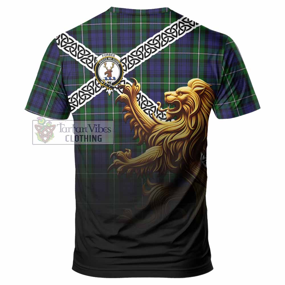 Tartan Vibes Clothing Forbes Crest Tartan T-Shirt with Golden Lion Emblem Celtic Style