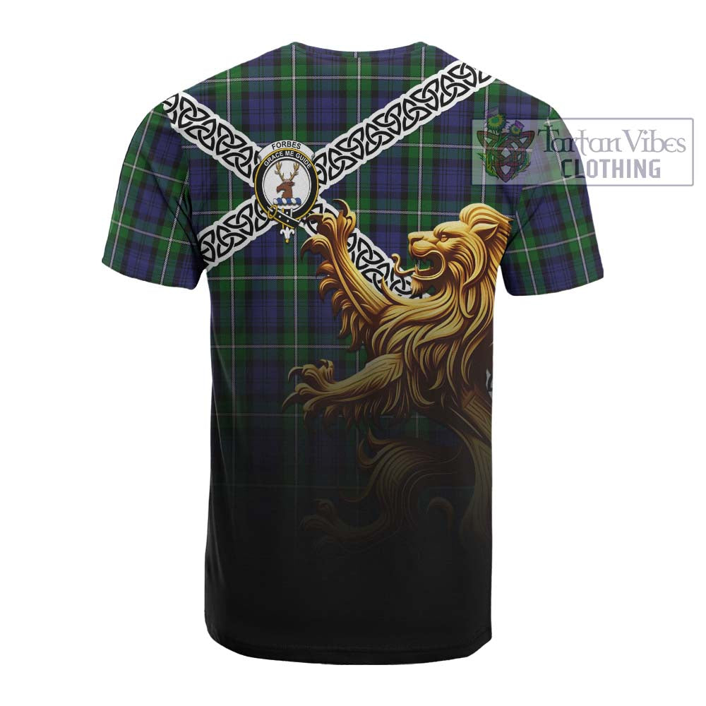 Tartan Vibes Clothing Forbes Crest Tartan Cotton T-shirt with Golden Lion Emblem Celtic Style