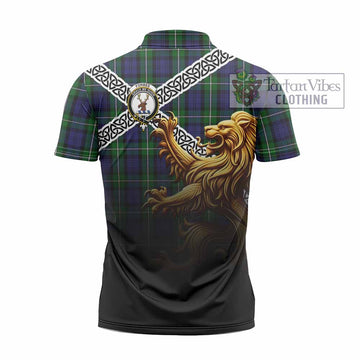 Forbes Crest Tartan Zipper Polo Shirt with Golden Lion Emblem Celtic Style