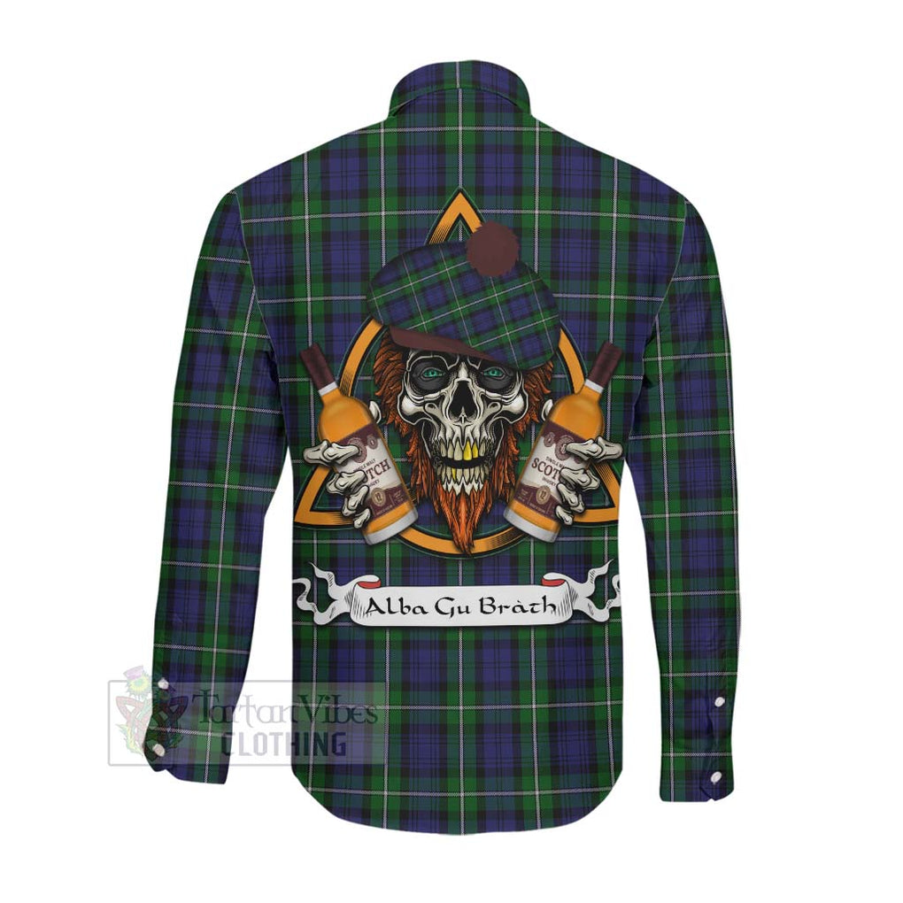 Tartan Vibes Clothing Forbes Tartan Long Sleeve Button Shirt with Family Crest and Bearded Skull Holding Bottles of Whiskey