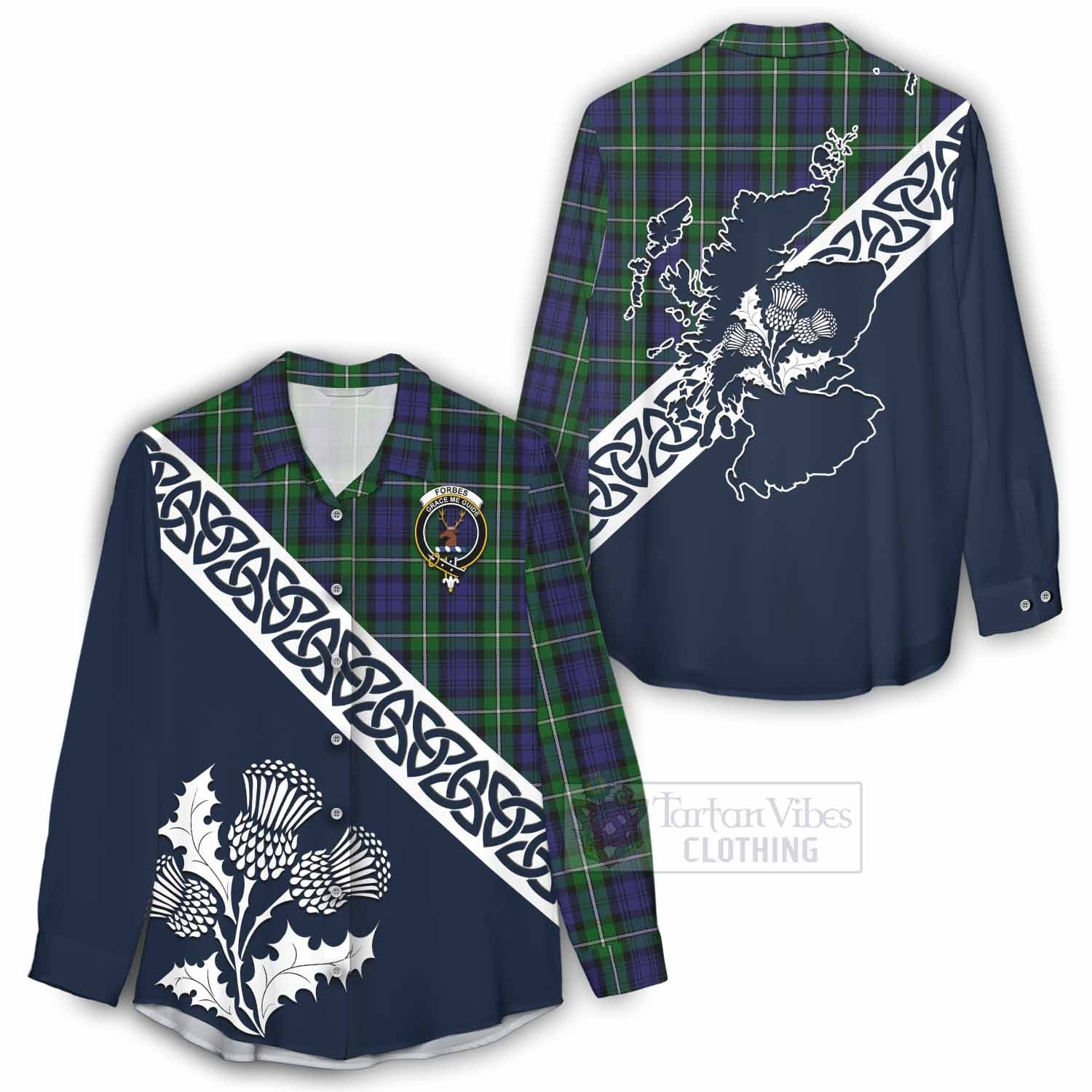 Tartan Vibes Clothing Forbes Tartan Women's Casual Shirt Featuring Thistle and Scotland Map