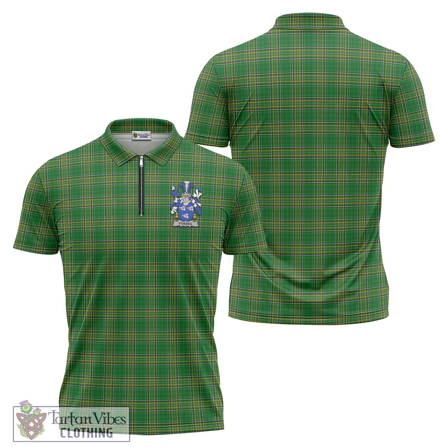 Tartan Vibes Clothing Forbes Ireland Clan Tartan Zipper Polo Shirt with Coat of Arms