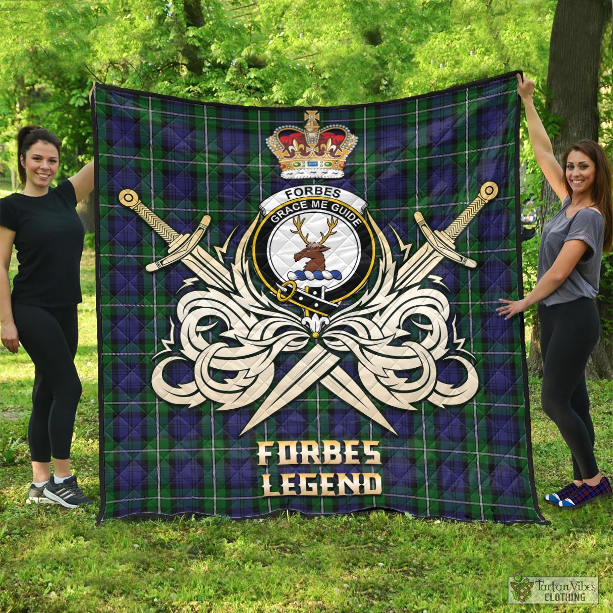 Tartan Vibes Clothing Forbes Tartan Quilt with Clan Crest and the Golden Sword of Courageous Legacy