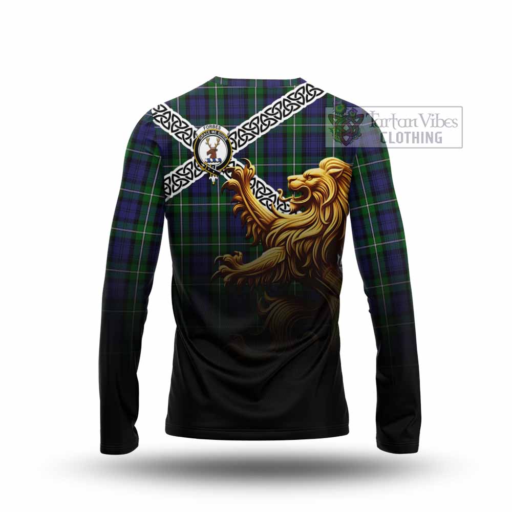 Tartan Vibes Clothing Forbes Crest Tartan Long Sleeve T-Shirt with Golden Lion Emblem Celtic Style